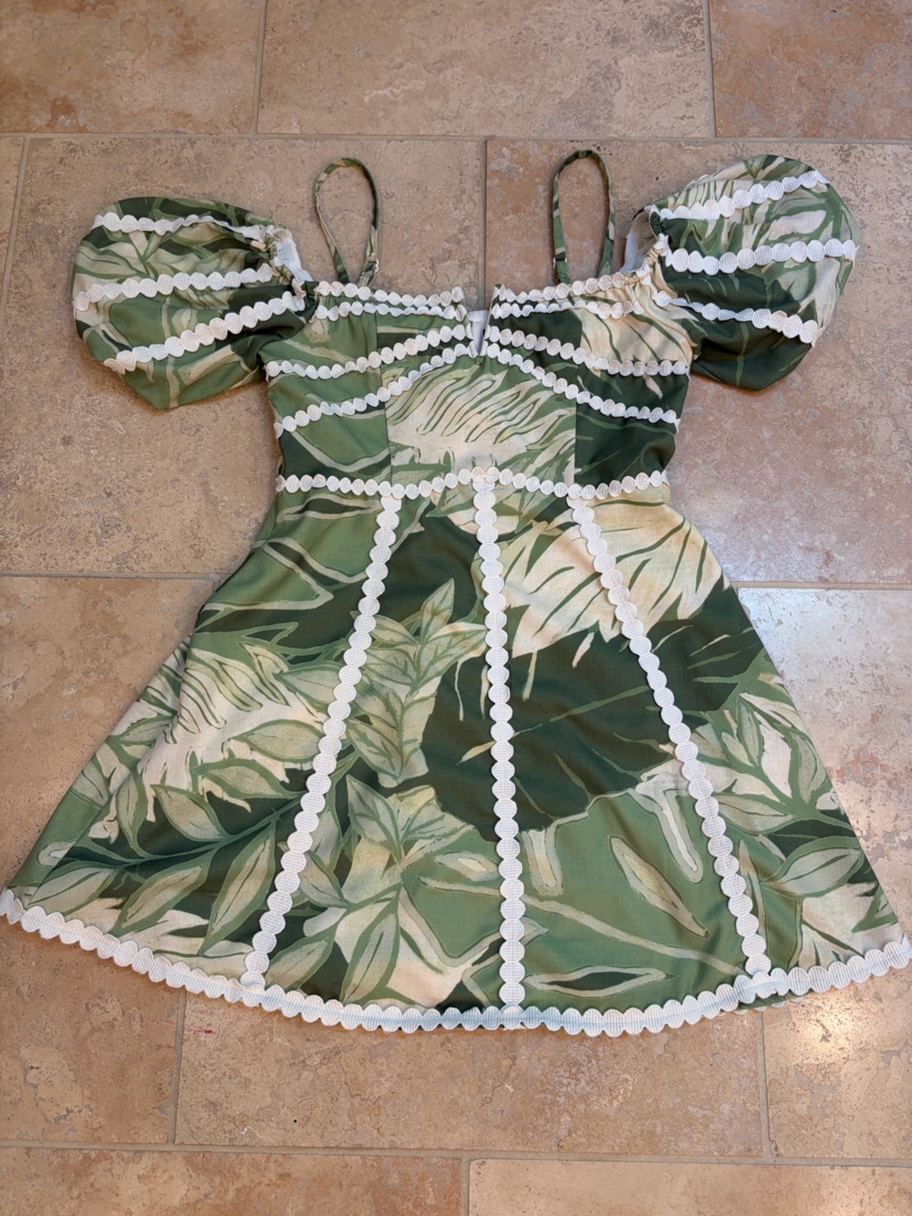 Rachel Roy Green Tropical Print Mini Dress with Puff Sleeves and White Trim